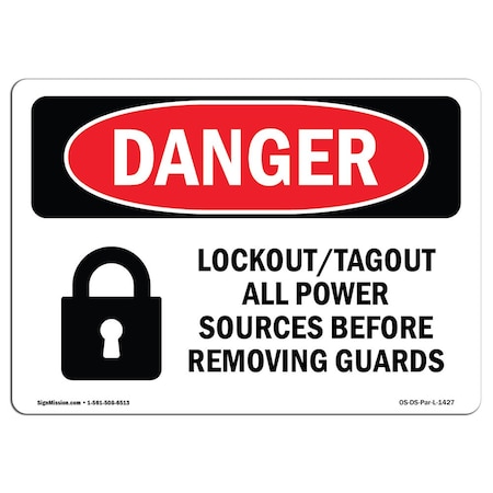 Signmission OSHA Sign, Lockout Tagout All Power Sources, 5in X 3.5in Decal, 10PK, 3.5" W, 5" L, Landscape, PK10 OS-DS-D-35-L-1427-10PK